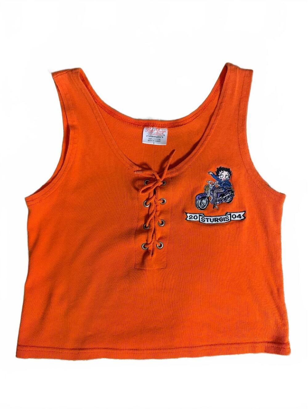 Vtg Biker Design Womens Tank Top L Orange Lace-Up Front Sturgis 2004 Betty